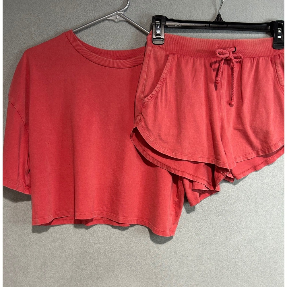 Colsie Lounge Shorts Set Women XS Coral 2pc Distressed‎ Cotton Dorm Wear Relax